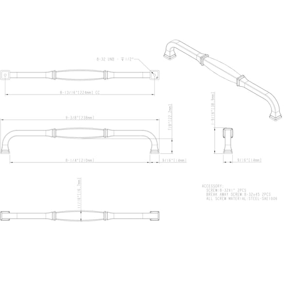 224 Mm Center-to-Center Matte Black Audrey Cabinet Pull